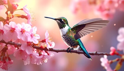 Fototapeta premium A tiny, vibrant hummingbird perches on a branch laden with delicate pink blossoms, wings partially spread. The blurred background has sunbeams