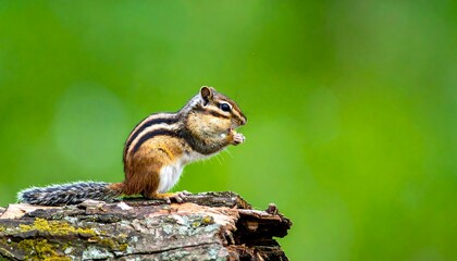 Obraz premium A chipmunk sits on a mossy stump, holding a seed, against a blurred, vibrant green background