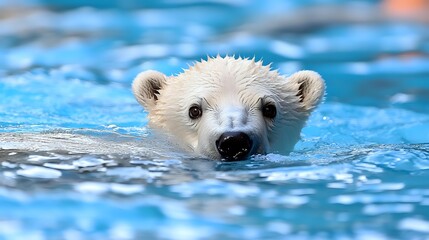 Young polar bear cub swimming in blue arctic waters, close-up view showing head above water surface with wet white fur and curious black eyes.