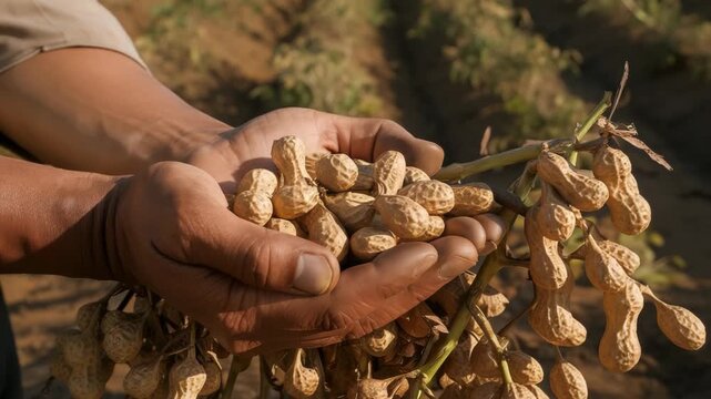 Farmers hands holding freshly harvested peanuts from the plant