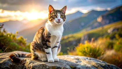 Feline perched on a rock, overlooking a mountain vista at sunset