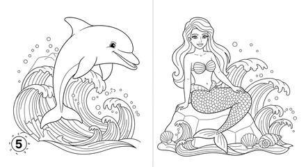 Naklejka premium Coloring page featuring a dolphin jumping over waves and a mermaid sitting on rocks