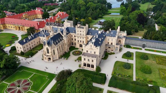 Lednice Castle in the Czech Republic &mdash; Aerial Drone Rise Over Historic Landmark