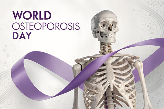Human skeleton with flowing purple ribbon on light abstract background—promoting World Osteoporosis Day and raising awareness for bone health and prevention. generative ai - Powered by Adobe
