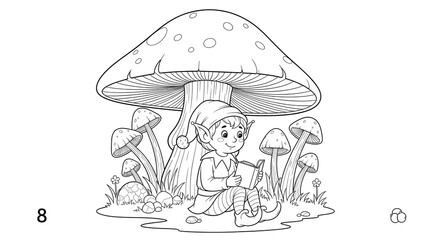 Charming elf reading a book under a mushroom in a whimsical forest scene art