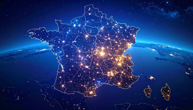 Night view of France from space, showing city lights illuminating its landmass against a dark blue cosmic backdrop
