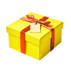 Bright yellow gift box tied with red ribbon and blank tag ready for celebration isolated on transparent background