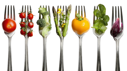 Collection of forks with vegetables isolated on a white background