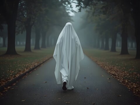 Teen dressed as a ghost in a white sheet, walking through misty park with fallen leaves - Powered by Adobe