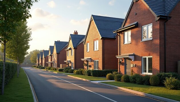 Fototapeta Row of modern brick detached houses line quiet suburban street. New home features green lawn, neat bushes. Paved road extends with young trees, hedge. Afternoon sun illuminates residential property