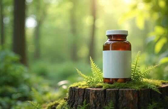 Pills in glass bottle with label on tree trunk in forest. Natural medicine concept. Herbal supplements, vitamins, organic remedy. Green forest background. Eco friendly health, therapy.