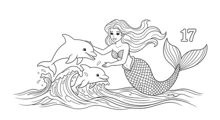 Outlined mermaid with dolphins swimming in ocean waves coloring page design