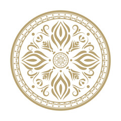 Round gold ornament in Greek style.  Circular design with floral and geometric elements from ancient Rome, Classic egyptian, Assyrian styles for decorative purposes, textiles, ceramics, flooring