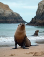 Fototapeta premium Galapagos sea lion stands on sandy ocean beach, looking up. Young mammal rests on shore. Another sea lion swims in calm turquoise water. Wild marine animals relax freely on natural island coast with
