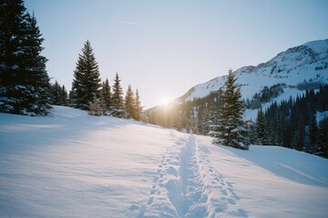 Snow-covered path leads through serene mountains, illuminated by golden sunlight
