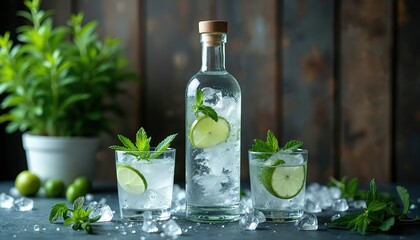 Clear liquor bottle with glasses containing lime ice and mint. Refreshing alcoholic cocktails served. Photo for a bar restaurant or beverage advertisement. Summer drink party concept.