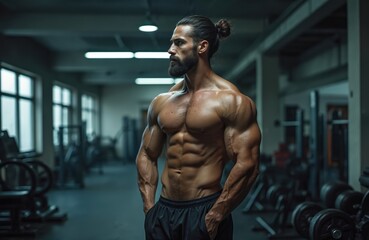 Fototapeta premium Muscular man poses in gym. Athlete shows muscles strength. Bodybuilder with beard and ponytail looks sideways. Man is shirtless. Sport lifestyle concept. Health and fitness motivation in gym.