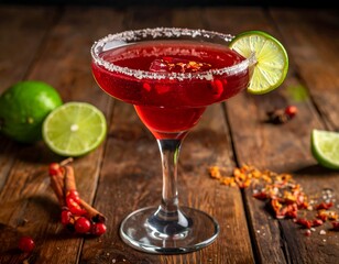 Festive cranberry cocktail with lime garnish on wooden surface