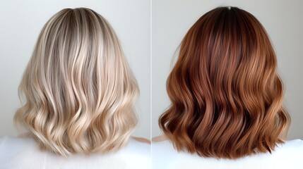 Comparison of blonde and copper brown wavy bob hairstyles shown from behind, demonstrating modern hair coloring techniques and professional styling results.