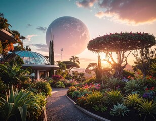 Surreal garden with exotic plants, pathways, building with dome, and giant planet in sunset