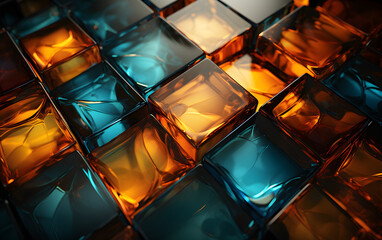 Colorful translucent blocks arranged beautifully with reflections in warm and cool tones