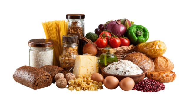 Different food and grocery items grouped by categories isolated on a white background