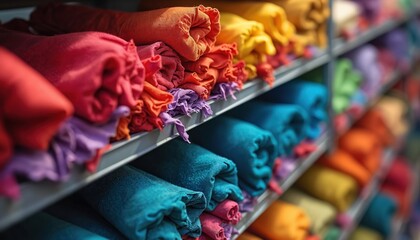 Fototapeta premium Rolled colorful textile stack on shelfs. Many garments such as orange red blue violet fabric rolls. Cloth assortment in shop. Cotton bales. Textile plant storage. Materials lie sorted on shop shelfs.