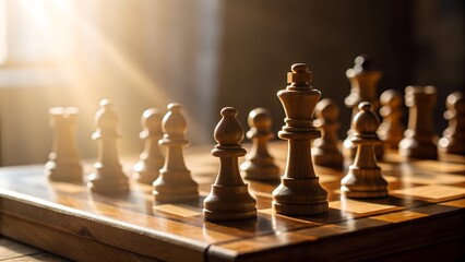 Wooden Chess Pieces on Board with Dramatic Sunlight and Shallow Depth of Field