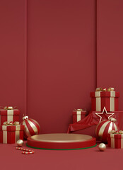 Red and Gold Christmas Gift Boxes and Ornaments on Minimal Podium