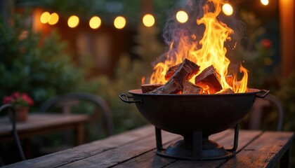 Patio brazier with wood burning at night. Warm orange flame shines outdoors. Festive string lights hang above trees. Garden party, celebration, tranquility, campfire concept. Cozy evening, summer