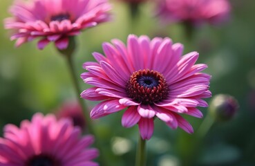 Obraz premium Close-up on vibrant pink daisy flowers in garden setting. Soft green bokeh background. Petals radiate outwards from dark center. Nature beauty unfolds.