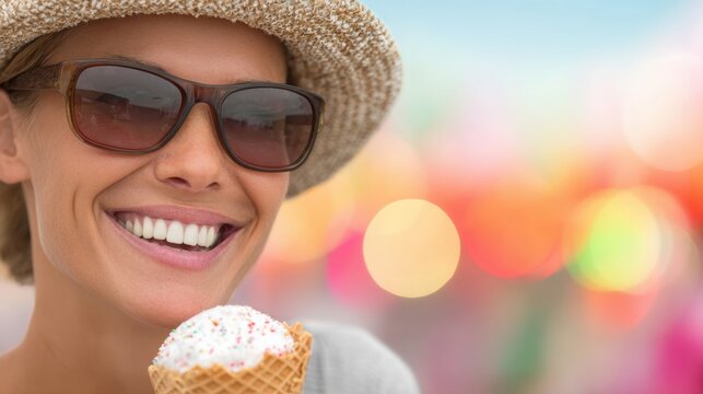 Woman enjoying ice cream at outdoor festival during sunny day
