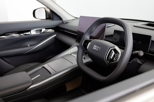 Bangkok, Thailand &ndash; August 11, 2025: Close-up on the interior of a Geely EX5 electric vehicle, showing the steering wheel and modern dashboard design.