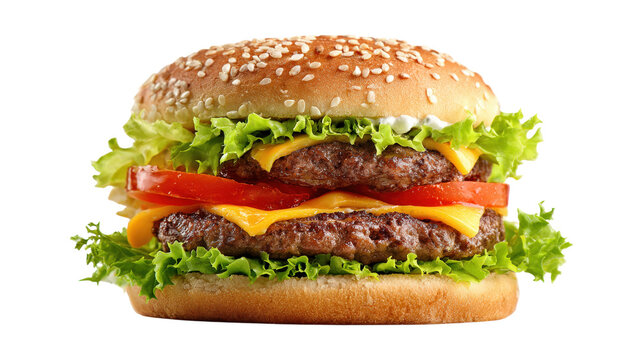 Double burger with salad and tomato isolated on a white background