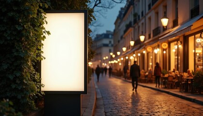 Illuminated blank billboard at Paris street during evening. People walk along the street with cafes. Blank advertising mockup is great for marketing and other commercial concepts template at twilight.