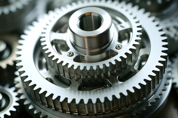 Intricate arrangement of metal gears showcasing engineering precision in a mechanical workshop setting