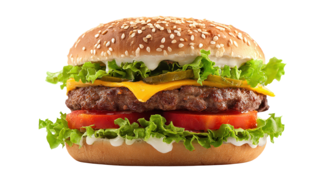 Double burger with salad and tomato isolated on a white background - Powered by Adobe