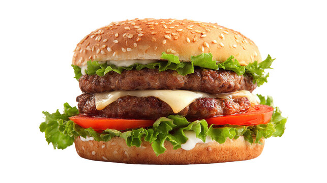 Double burger with salad and tomato isolated on a white background - Powered by Adobe
