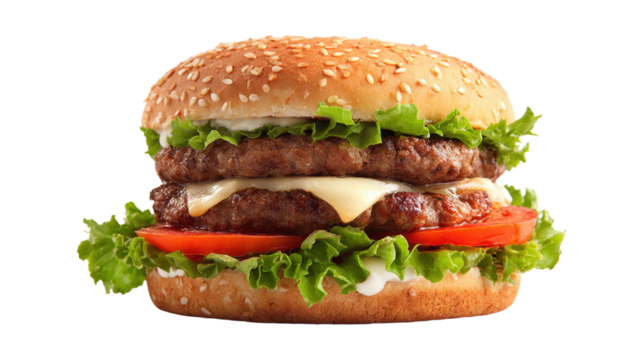 Double burger with salad and tomato isolated on a white background