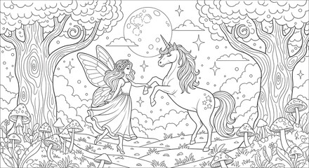 Fototapeta premium Fairy and unicorn in a magical forest under the moonlight coloring page art