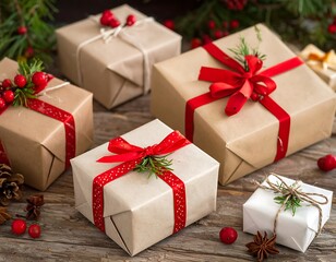 Festive gifts wrapped in brown paper with red ribbons, greenery
