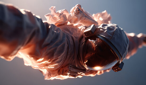 Futuristic astronaut floating in zero gravity with sunlight reflections on high-tech space suit, cinematic sci-fi exploration concept
