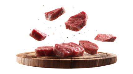 Flying raw steaks on a wooden board isolated on a white background