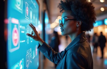 Black woman in glasses uses touch screen kiosk. She interacts with digital interface, browses choices in modern shopping mall. User selects options, uses gestures, gathers info on display.