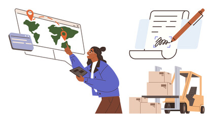 Person analyzing map with location pins, signing contract document, forklift moving boxes. Ideal for logistics, supply chain, business operations, transportation, global trade, inventory teamwork as