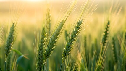 Fototapeta premium Golden Wheat Field At Sunrise With Dew Drops On Stalks Soft Sunlight