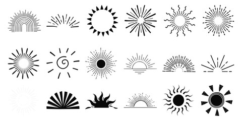 Collection of Diverse Sun and Sunrise/Sunset Line Art Icons