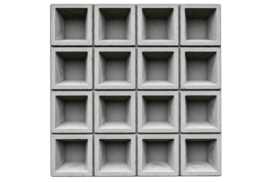 Square concrete breeze block with a geometric grid pattern isolated with transparent background