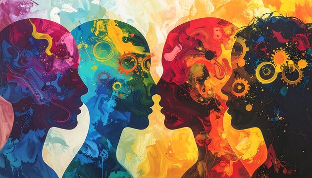 Vivid, abstract profile silhouettes facing each other, filled with colorful swirls and gears, against a bright, painterly background