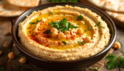 A close-up view showcases a creamy, beige dip in a bowl, garnished with chickpeas and spices. Flanked by flatbread